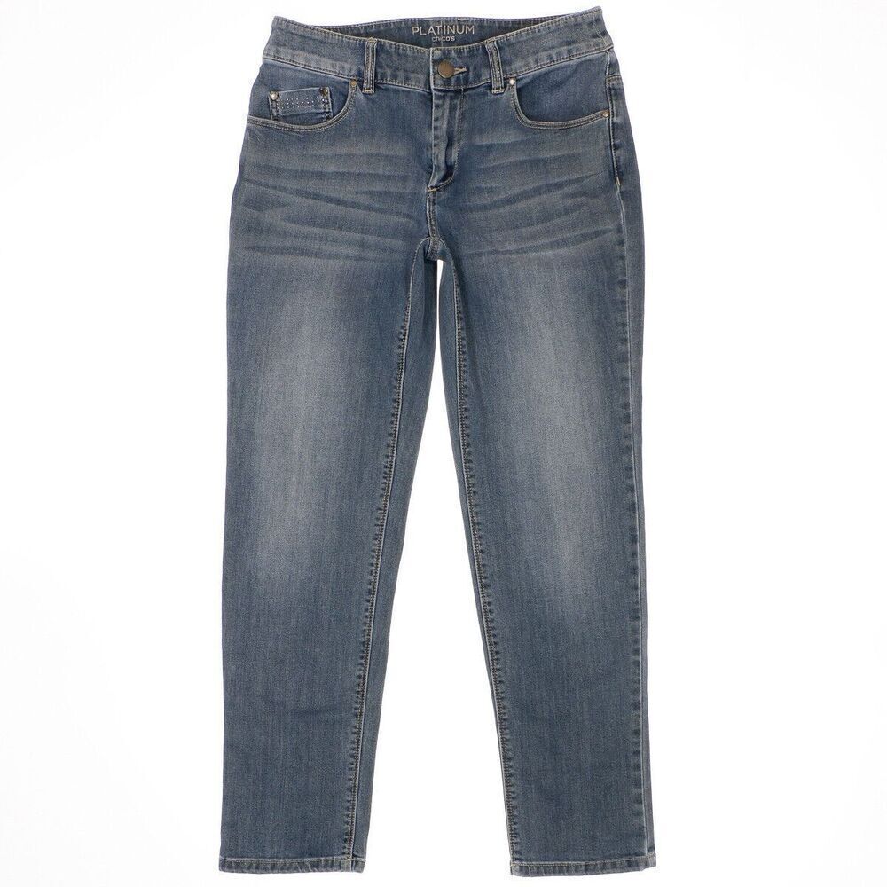 Chicos Slim Leg Jeans Size 00 (2) Womens Medium Wash Blue Denim Stretch 27x26
